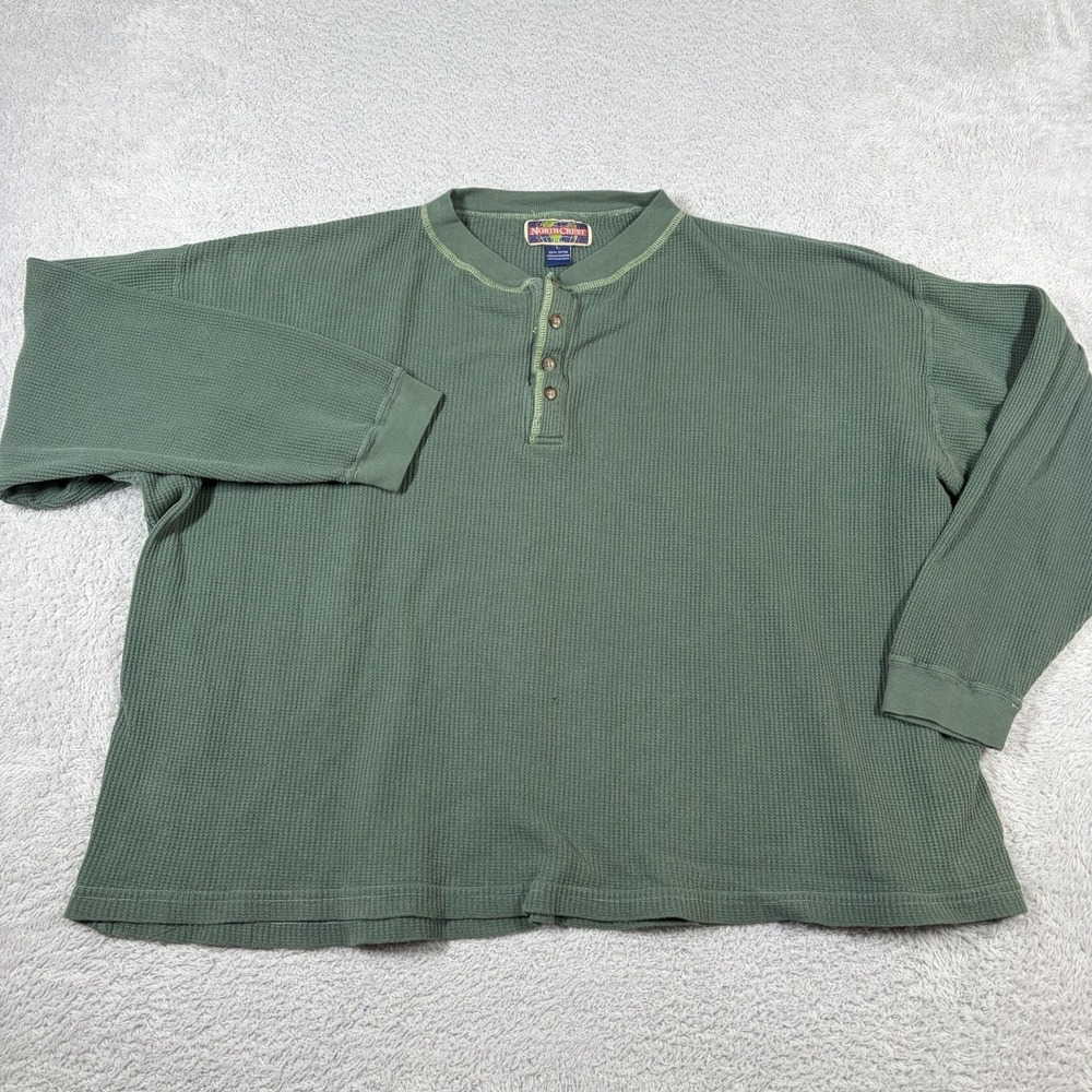 VINTAGE North Crest Henley Shirt Mens Large Green Waffle Knit Ribbed Boxy Fit